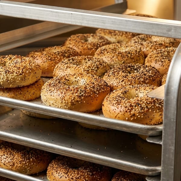 Freshly baked everything bagels with poppy and sesame seeds on metal baking racks.