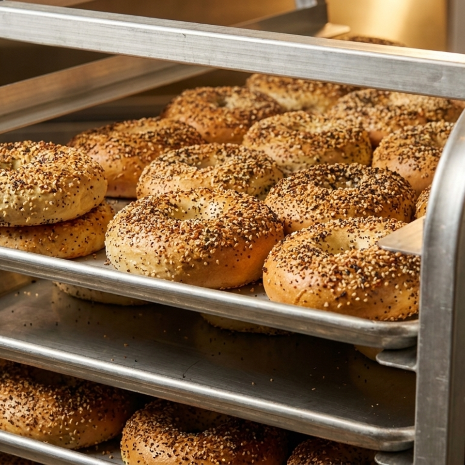 Freshly baked everything bagels with poppy and sesame seeds on metal baking racks.