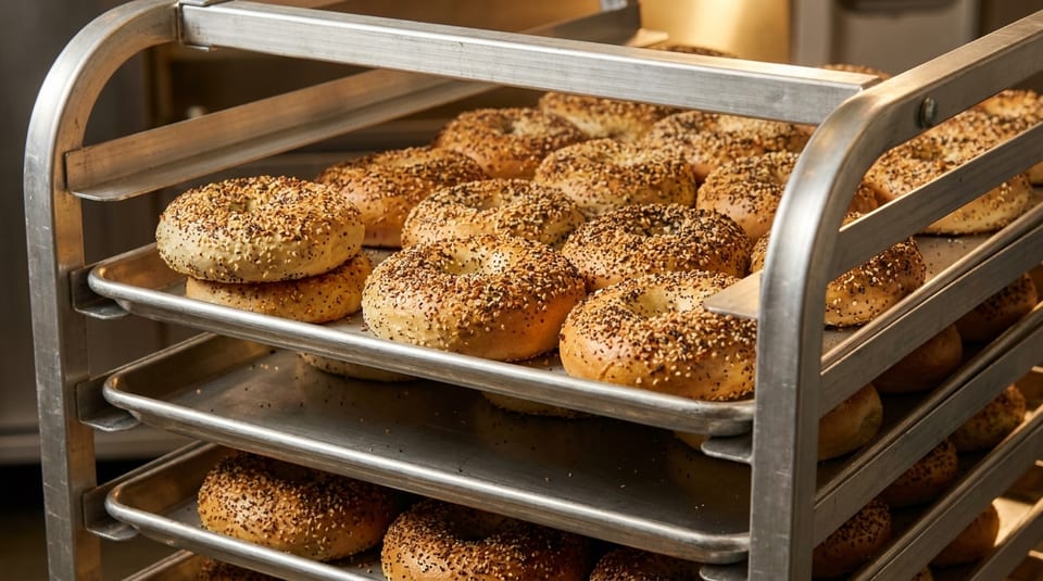 Freshly baked everything bagels with poppy and sesame seeds on metal baking racks.