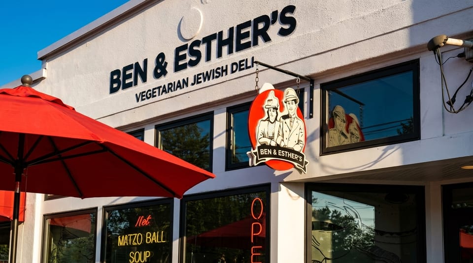 Ben & Esther's Vegetarian Jewish Deli storefront with red umbrellas and a character sign.
