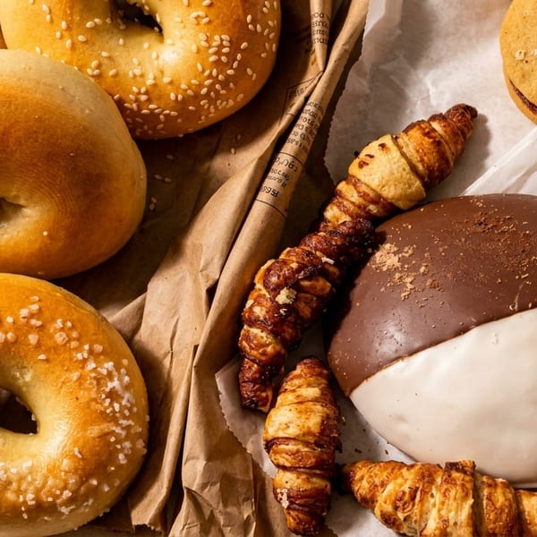 Assorted bagels, mini croissants, a black and white cookie, and a sandwich cookie on paper.