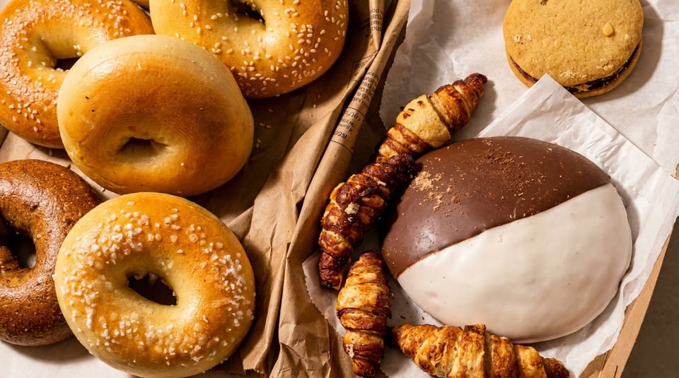 Assorted bagels, mini croissants, a black and white cookie, and a sandwich cookie on paper.