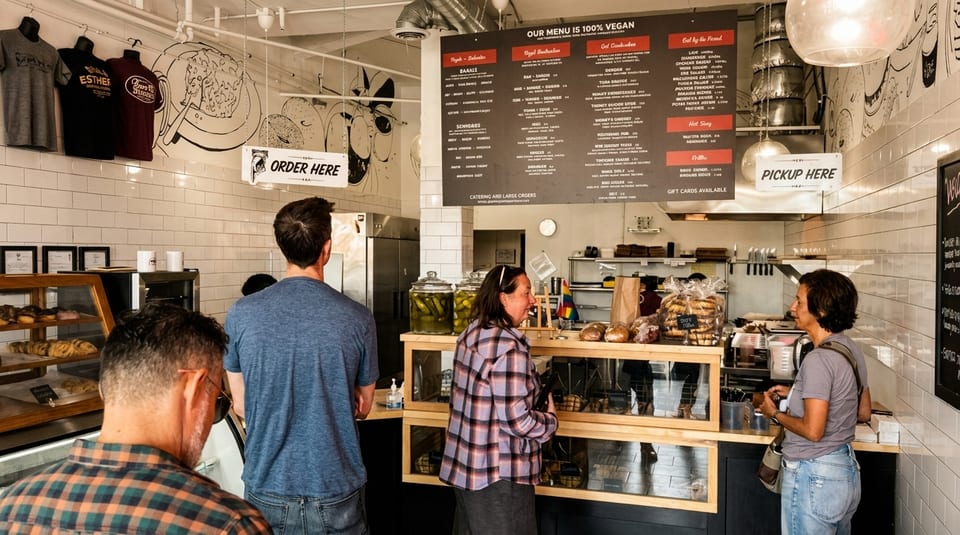 Customers ordering and picking up food at a bustling vegan deli counter with a large menu.