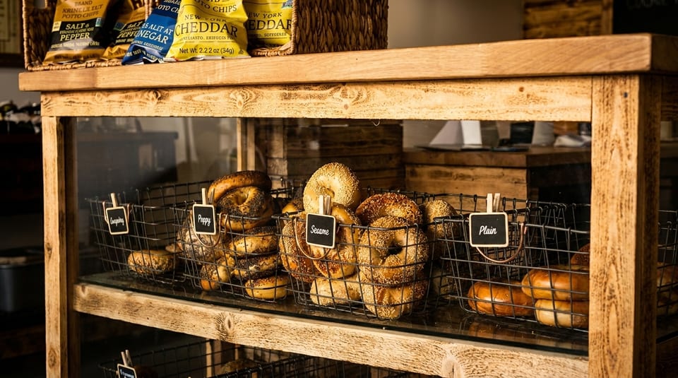 Assorted bagels in wire baskets with flavor labels, displayed in a rustic wooden and glass case.