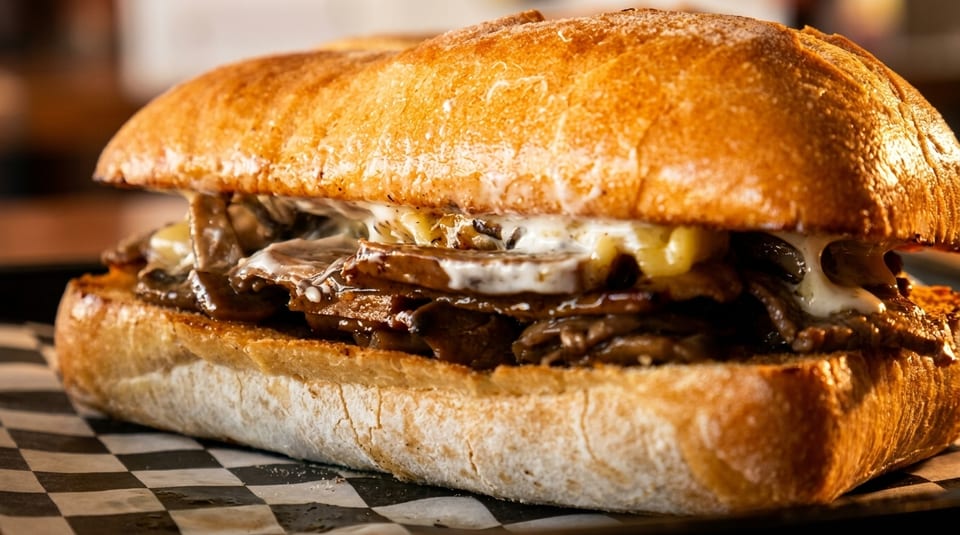 A close-up of a Philly cheesesteak sandwich with melted cheese and steak on a checkered paper.