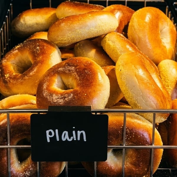 A wire basket filled with golden-brown plain bagels, with a small "Plain" sign in front.