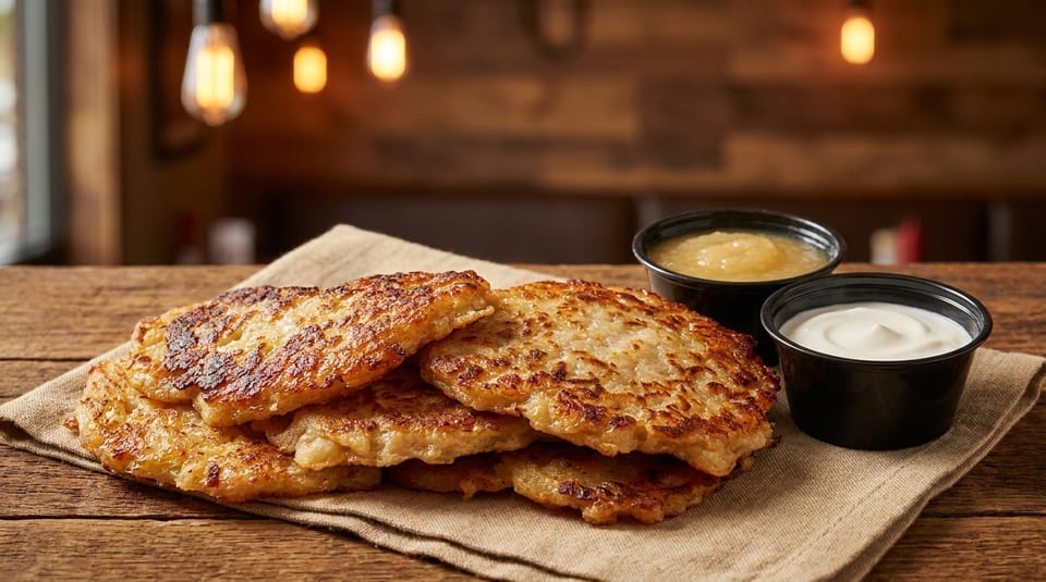 Golden-brown potato pancakes with sides of applesauce and sour cream on a rustic wooden table.